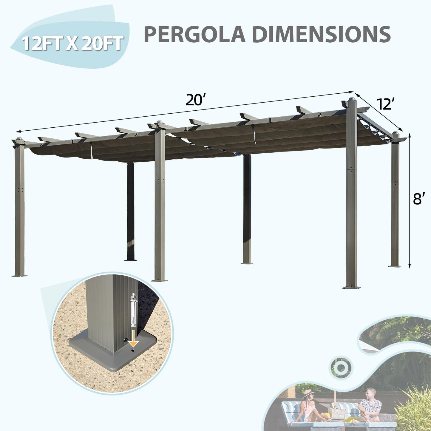 EROMMY 12 x 20 FT Pergola, Aluminum Pergola with Retractable Canopy, Upgraded Shelter with Adjustable and Removable Sun Shade Canopy for Patio, Garden, Deck, Black