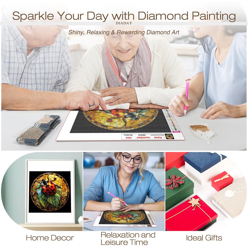 DIADAY 5D Diamond Painting Kits Stained Glass Ladybug Diamond Art Kits for Adults Beginners, DIY Craft Full Drill Round Gem Diamond Dots Art Home Wall Decor Gift 12 x 12 Inches DIADAY