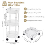 TOOLF 3-Tier Metal Storage Rolling Cart, Collapsible Utility Cart, No Assemble, Multifunction Serving Organizer Trolley with Lockable Wheels for Kitchen, Living Room, Bathroom,White TOOLF