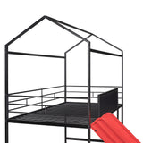 Twin House Loft Bed with Slide and Roof, Metal House Bed with Slide, Modern Style Heavy-Duty Steel Frame Loft Bed with Safety Rail, Built-in Ladder for Bedroom Dorm Boys Girls (Twin Size, Black+Red) Harper & Bright Designs