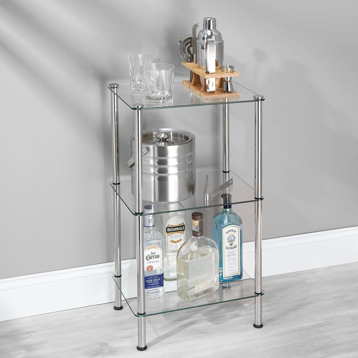 mDesign Metal/Glass 3-Tier Storage Tower, Narrow Shelving Display Unit, Open Glass Shelves; Multi-Use Stand for Living Room, Bathroom, Home Office, Hallway, Bedroom Organization - Chrome/Clear mDesign