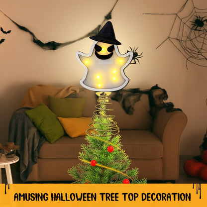 Halloween Tree Topper 15 Inches Pumpkin Skull Ghost Tree Topper Wood Tree Ornament Tree Star with LED Light Halloween Christmas Tree Ornaments for Halloween Party