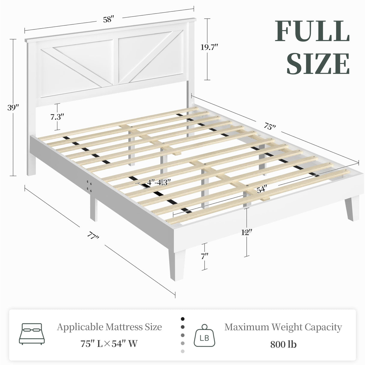 Yaheetech Wood Bed Full, Farmhouse White Rubberwood Platform Bed Frame with V-Designed Headboard, Sturdy Wooden Support Slats, Holds up to 800 Pounds, Noise-Free, Easy Assembly Yaheetech