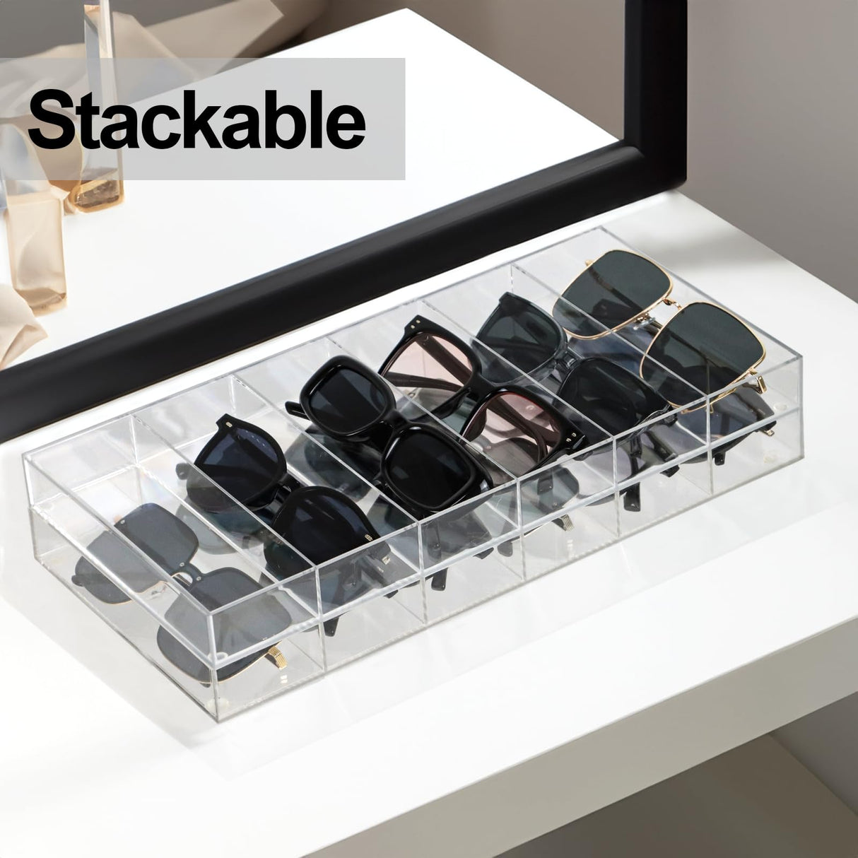 ZEXALOR Clear Drawer Organizer, 6 Sections Eyeglass Sunglasses Organizer Holder, Drawer Dividers Office Desk Tray Bathroom Makeup Jewelry Trays (14×7×1.2") ZEXALOR