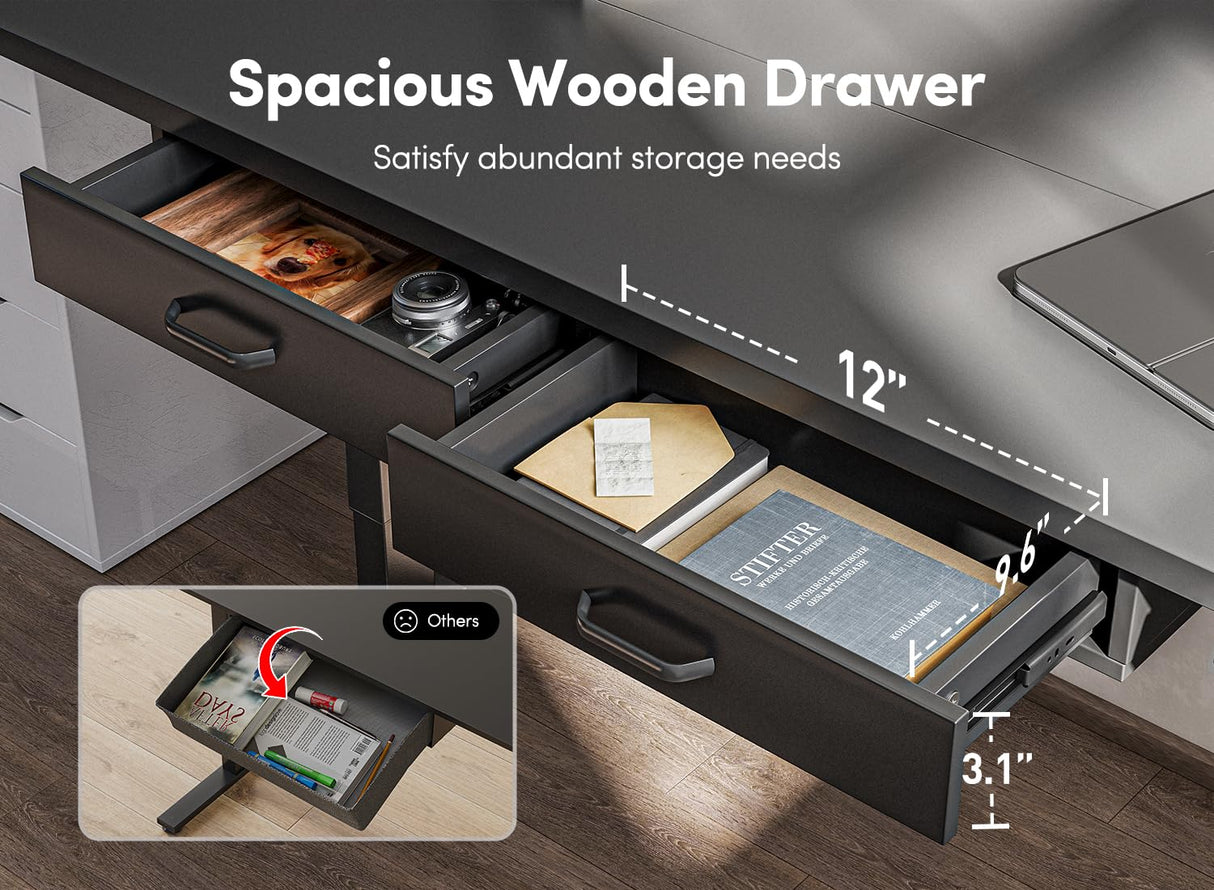 FEZIBO Adjustable Height Electric Standing Desk with Double Drawer, 48 x 24 Inches Stand Up Home Office Desk with Splice Tabletop, Black Frame/Black Top FEZIBO