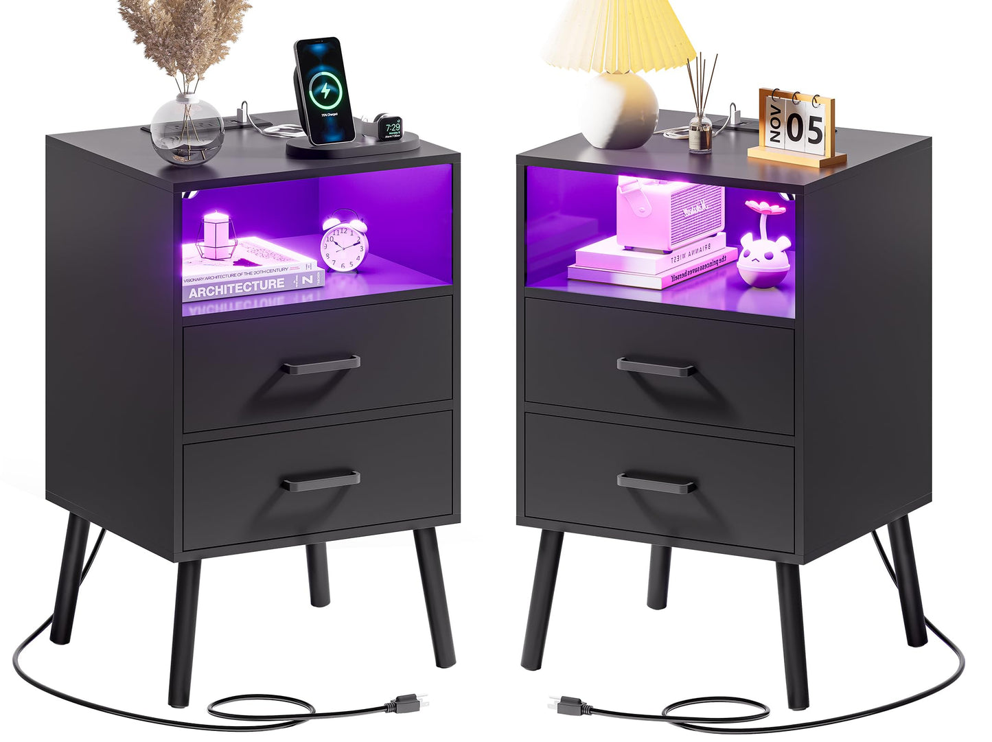 Nightstands Set of 2 with Charging Station and LED Lights, Night Stands with Drawers and Open Shelf, Bed Side Tables with Solid Wood Feet, Modern End Table for Bedroom, Black - WoodArtSupply