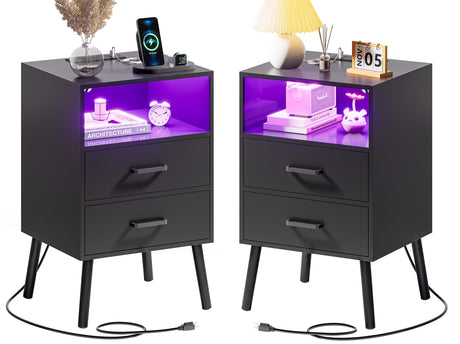 Nightstands Set of 2 with Charging Station and LED Lights, Night Stands with Drawers and Open Shelf, Bed Side Tables with Solid Wood Feet, Modern End Table for Bedroom, Black MONECHO