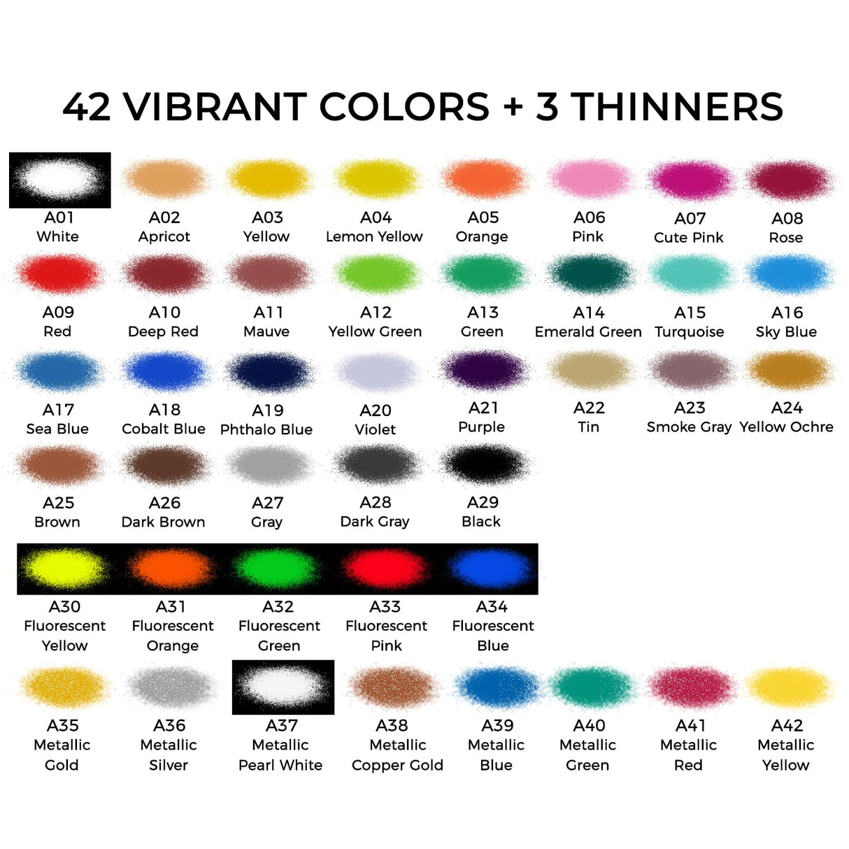 Airbrush Paint, ARTME 42 Colors with 3 Thinner, Ready to Spray, Opaque & Water Based Acrylic Airbrush Paint Set Including Metallic & Neon Colors, Premium Air brush Paints for Metal, Models, Plastic, Canvas, and Wood ARTME