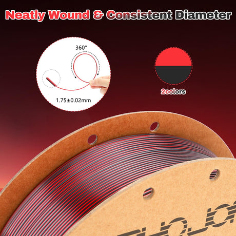 3DHoJor Silk PLA Filament 1.75mm Black Red Dual Color PLA 3D Printer Filament 2 in 1 Coextrusion 1KG Spool(2.2lbs) 3D Printing Filament Dimensional Accuracy +/- 0.03mm 3DHoJor