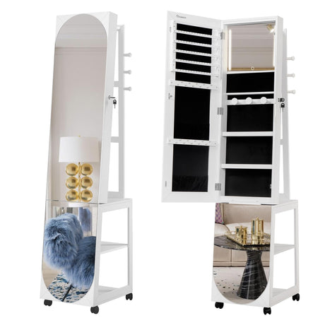 Hzuaneri LED Jewelry Cabinet, 66" Jewelry Armoire with Clothes Rack, Lockable Jewelry Mirror Organizer with 4 Wheels, 360° Swivel, 3 Shelves with 6 Hooks, White and Black JC37603B Hzuaneri