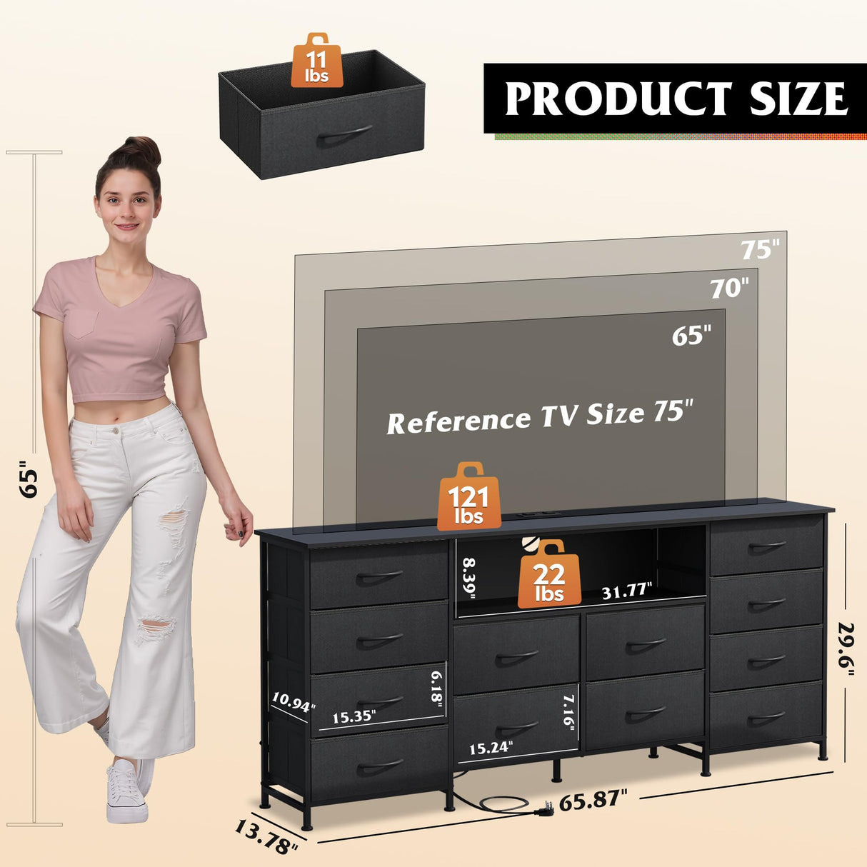 WLIVE 12 Drawer Dresser for Bedroom, Black Dresser TV Stand for 65, 70, 75 inch TV with Led Light & Charging Station, Wide Chest of Drawers with Open Shelves, Fabric Dressers for Closet, Living Room WLIVE