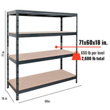 AR Shelving 2400-Lb. Capacity, 71in.H x 60in.W x 18in.D Rivet Shelving Unit, Or Assemble as 2 Benches, Ea. 35 1/2in.H x 120in.L x 18in.D, Matte Dark Gray, Model# Garage 60/18 600 Lbs. AR Shelving