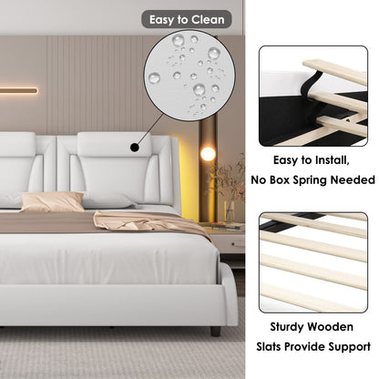Keyluv Upholstered Platform Bed Frame with Adjustable LED Headboard, Pu Leather, Wave-Like Curve Design and Solid Wooden Slats Support, No Box Spring