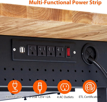 Workbench 60" x 22" Adjustable Height Worktable - Heavy Duty Rubber Wood Top with Drawer Storage, 2000 Lbs Capacity, Mobile Tool Storage Workstation with Power Outlets & Lockable Wheels