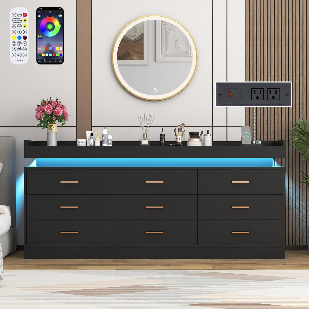 9 Drawer Dresser with LED Light and Charging Station, 63" Modern Chest of Drawers for Closet, Wide Drawer Organizer Cabinet for Bedroom, Living Room, Entryway, Hallway, Black Hlivelood