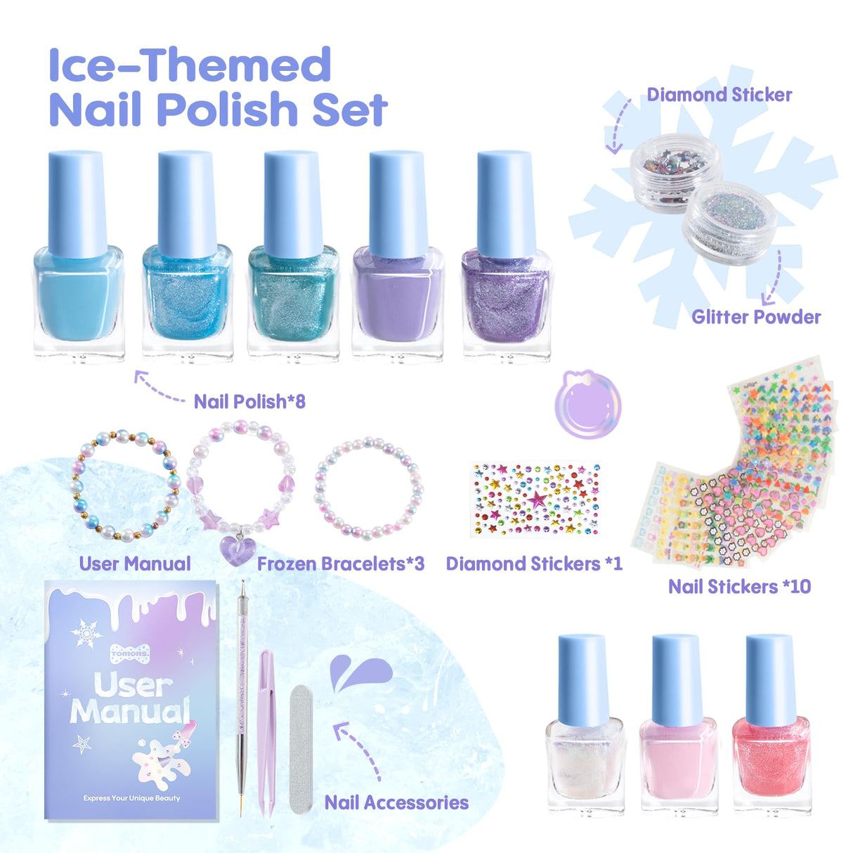 Tomons Kids Nail Polish Set for Girls, Non Toxic Nail Polish Art Kit for Kids Ages 7-12, Toys Gifts for 8 9 10 11 12 Girl, Bracelets, Glitter, Sequins, Stickers - 8 Colors Tomons