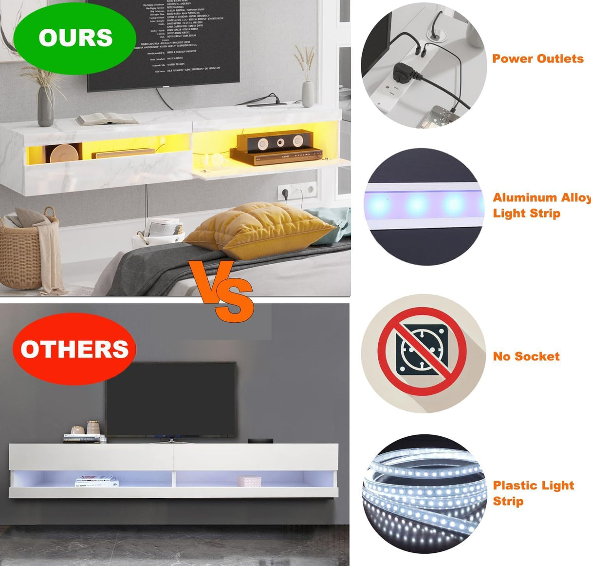 Floating TV Stand Wall Mounted with Power Outlet, Modern Floating Entertainment Center for 80 Inch TV, High Gloss Floating TV Shelf with LED Lights for Living Room, Bedroom, Marble White Doredo