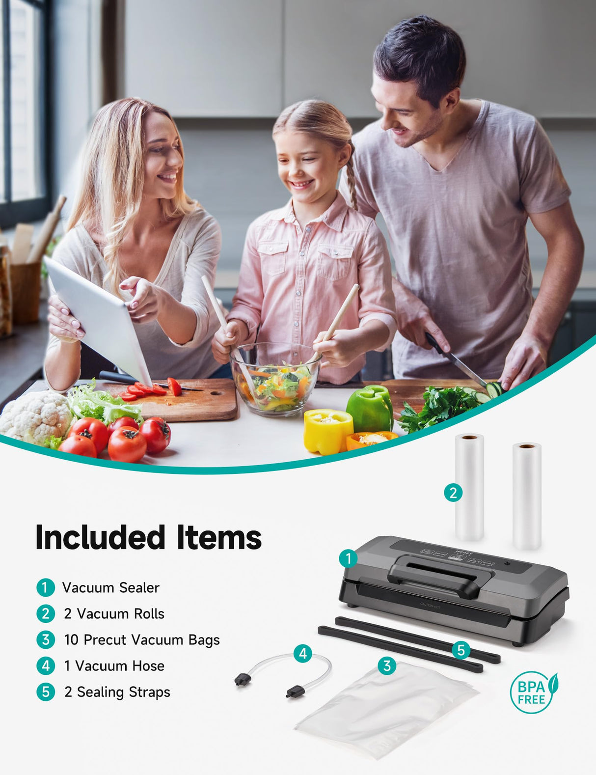 HiCOZY Vacuum Sealer, Vacuum Sealer Machine for Food, Food Sealer, 85Kpa(25.1 Hg) Full Automatic Handle Locked Design, Build-in Cutter, Compact Design With All Starter Kits, 5-Year Quality Commitment Hicozy