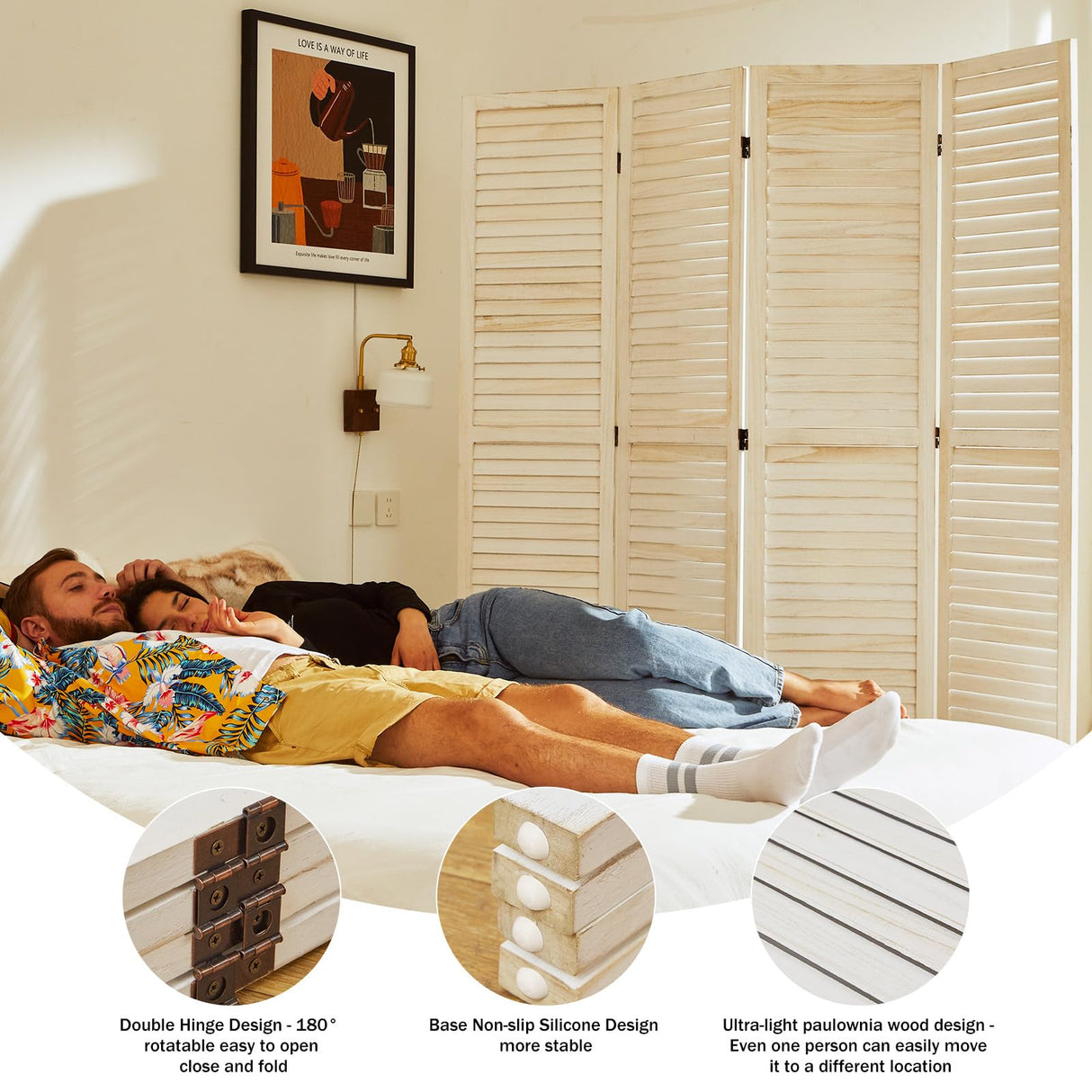 Room Dividers and Folding Privacy Screens, Wood Louvered Separators Divider Wall for Home Office Bedroom - 4 Panels, 67 * 60inch (White-Washed) Svimi