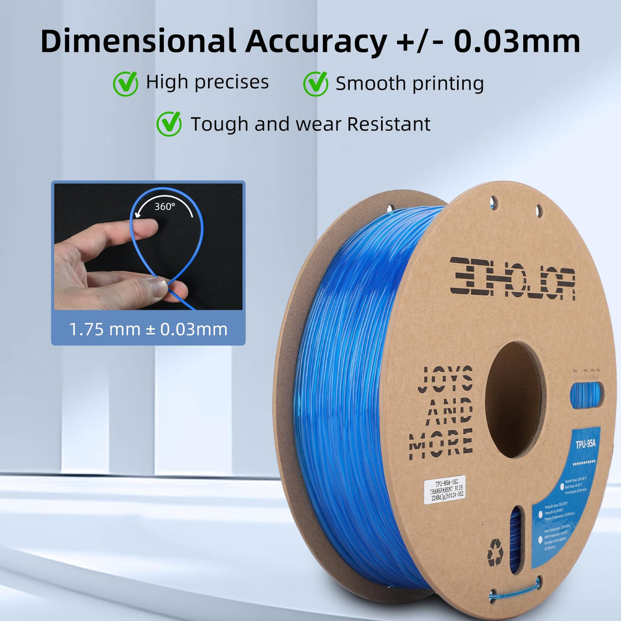 3DHojor TPU Filament 1.75mm TUP95A 3D Printer Filament Flexible Soft 3D Filament 1KG (2.2lbs) fit Most FDM 3D Printers Dimensional Accuracy +/- 0.03 mm-Transparent Blue 3DHoJor