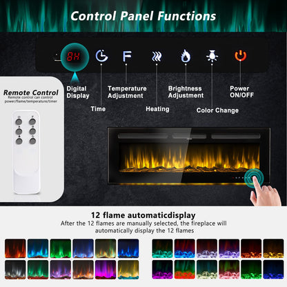 Jolydale Electric Fireplace 60 inch Wall Mounted and Recessed with Remote Control and Touch Panel Control, Timer,12-Level Adjustable Flame Colors and Speed