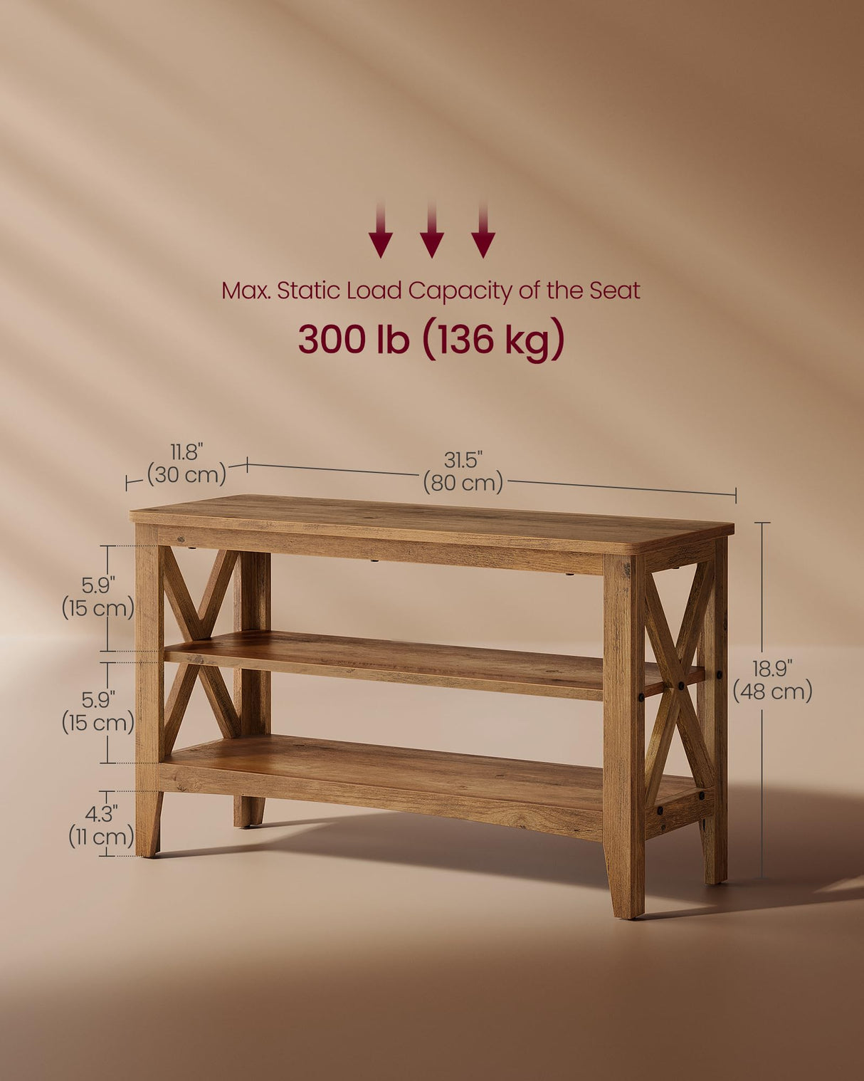 VASAGLE, Entryway Storage Bench, 2-Tier Shoe Rack, 11.8 x 31.5 x 18.9 Inches, Holds up to 300 lb, Farmhouse Style, for Living Room, Bedroom, Honey Brown ULSB053K41 VASAGLE