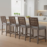 DM Furniture 27" Farmhouse Counter Height Bar Stools Set of 4 for Kitchen Island Midcentury Linen Upholstered Stool Chairs with Wicker Backrest and Wood Legs for Home Bar/Dining Counter/Patio, Grey DM Furniture