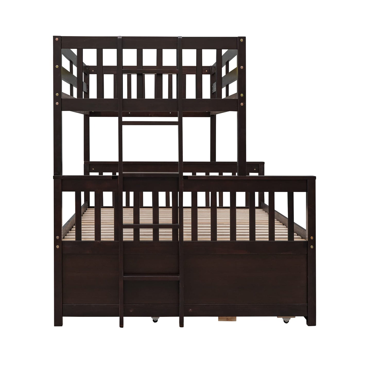 Linique Espresso Twin-Over-Full Bunk Bed with Trundle and 3 Storage Drawers - WoodArtSupply