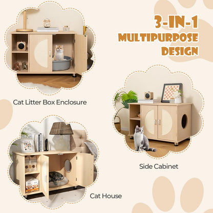 Tangkula Cat Litter Box Enclosure, Hidden Cat Washroom with Storage Shelf, Sisal Scratching Doors, Adjustable Metal Feet, Modern Cat Litter Cabinet Storage Bench, Hidden Litter Box Furniture  - WoodArtSupply