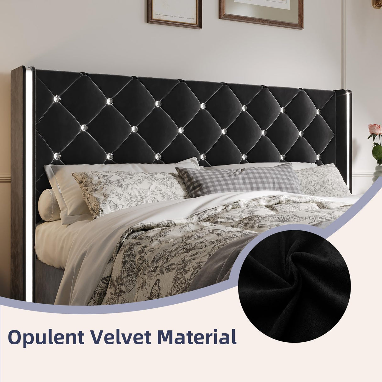 Twin Bed Frames, Upholstered Platform Bed Twin Size with Diamond Tufted Headboard, Modern Velvet Bed Frame with Wingback Design, No Box Spring Needed, Easy Assembly, Black HOMBCK