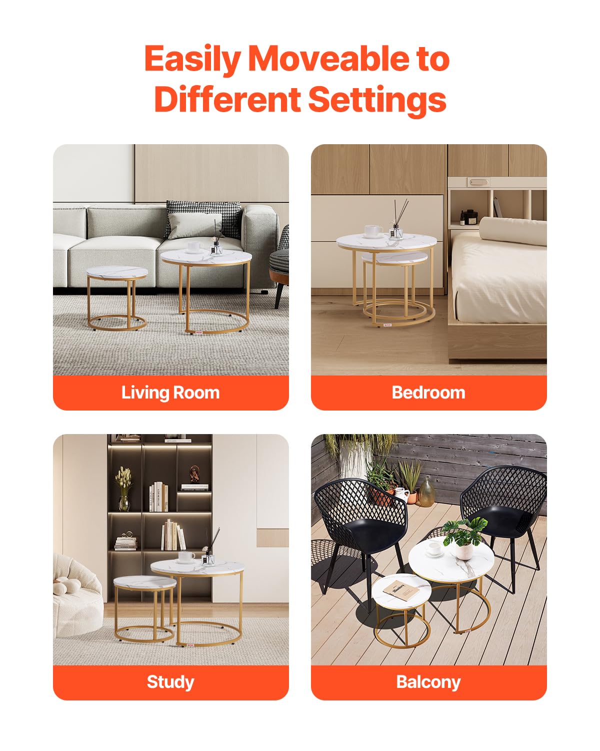 VEVOR Nesting Tables, Coffee Table Set of 2, 23.6 inch Round Coffee Table, Small Coffee Tables Night Stand with Metal Frame, for Living Room, Bedroom, Office (White & Gold) VEVOR