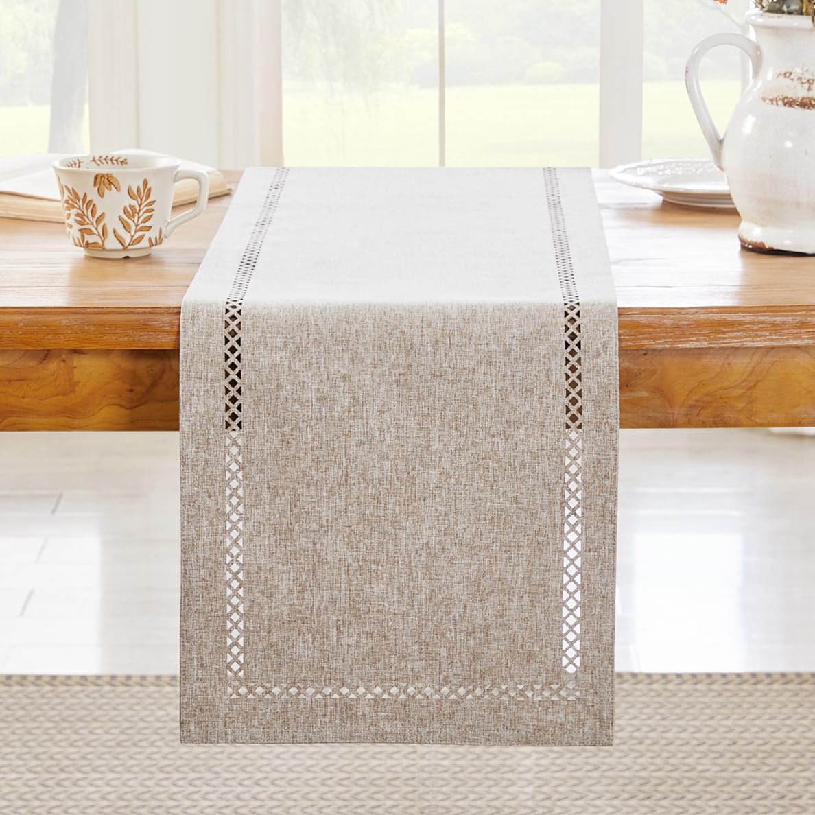 Aoztio Burlap Style Farmhouse Table Runner, 13 x 36 Inch Coffee, Rustic Geometric Hollow Table Runners 36 Inches Long for Dresser Table Everyday Use, 13x36 Inches, Coffee Aoztio