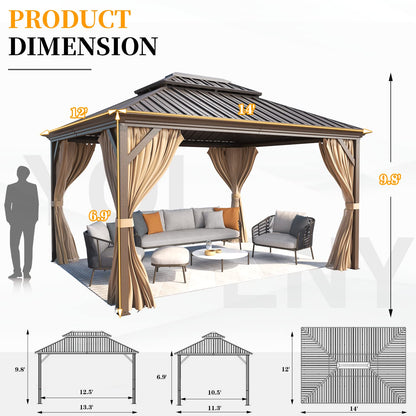 YOLENY 12' x 14' Hardtop Gazebo, Galvanized Steel Metal Double Roof Aluminum Frame Gazebo with Curtain and Netting, Permanent Pavilion Pergola for Outdoor, Patio, Garden, Lawn, Pool Side, Bro - WoodArtSupply