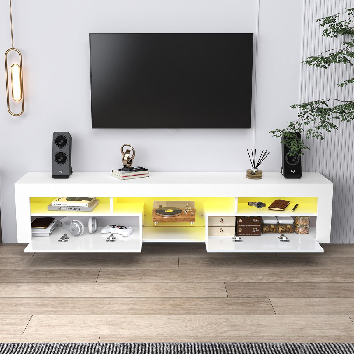 SIKHST Floating LED TV Stand for 85 Inch TV with Glass Shelves and Cabinet, 71 Inch Wall Mounted Modern Entertainment Center Media Console with Storage,White SIKHST