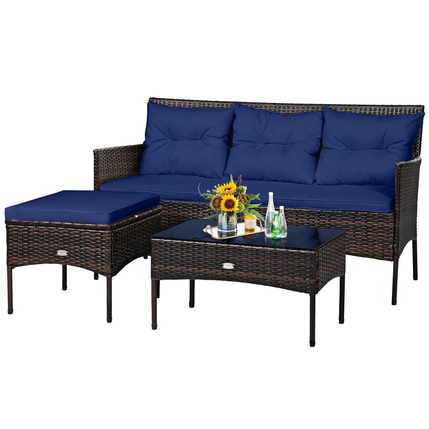 Tangkula 3 Pieces Patio Conversation Set, All Weather Outdoor PE Rattan Wicker Furniture Set with Padded Cushions, Tempered Glass Coffee Table, for Poolside, Backyard, Garden (Navy)