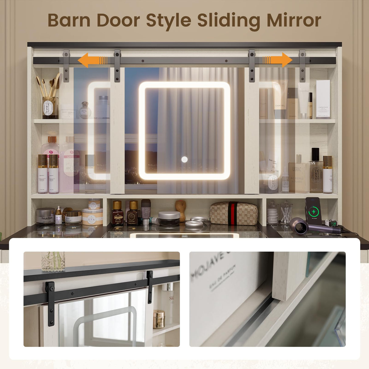 HAUOMS Farmhouse Makeup Vanity Desk with Sliding Lighted Mirror, Glass Top Vanity Desk with Power Outlet, Rustic Vanity Set, Antique White HAUOMS