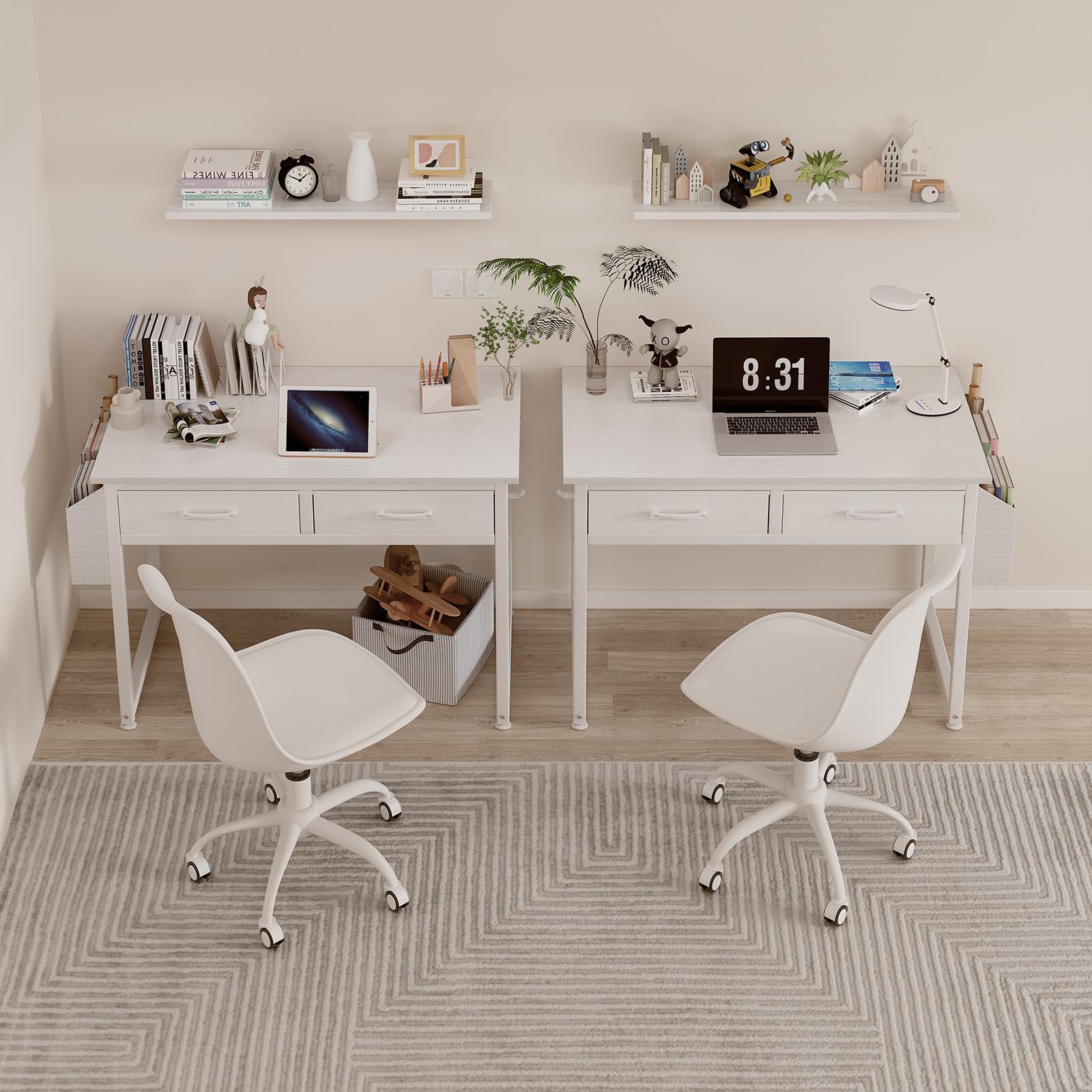 DLisiting White Small Desk with Fabric Drawers - 32 Inch Vanity Desk with Storage Drawer and Bag for Bedroom, Study Writing Table for Small Spaces, White - WoodArtSupply