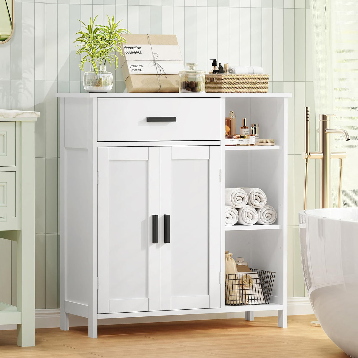 FIONESO Bathroom Cabinet, Storage Cabinet with 2 Doors and 3 Shelves, Coffee Bar Cabinet, Floor Cabinet, for Bathroom/Entryway/Living Room, White FIONESO