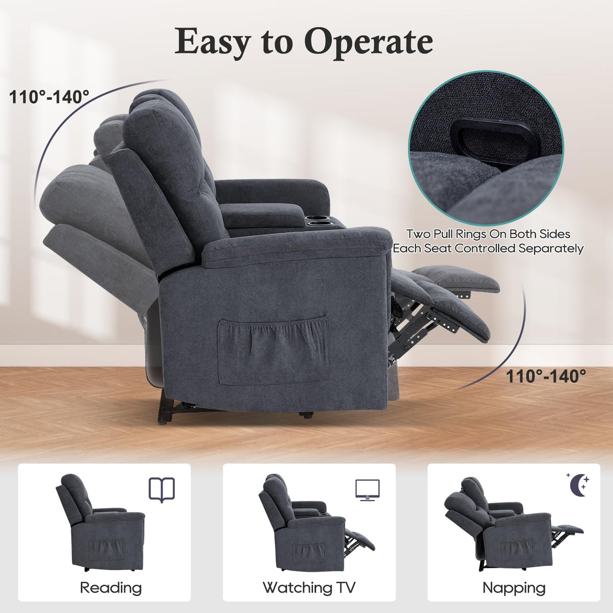 Consofa Reclining Loveseat with Console, Wall Hugger Love Seat Recliner RV Theater Sofa, Double Recliner Loveseat with Cup Holder and Side Pocket for Living Room (Gray) Consofa