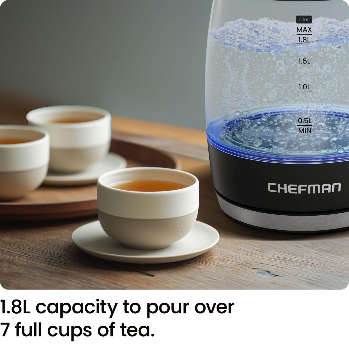 Chefman Electric Kettle, 1.8L 1500W, Hot Water Boiler, Removable Lid for Easy Cleaning, Auto Shut Off, Boil-Dry Protection, Stainless Steel Filter, BPA Free, Borosilicate Glass Electric Tea Kettle Chefman