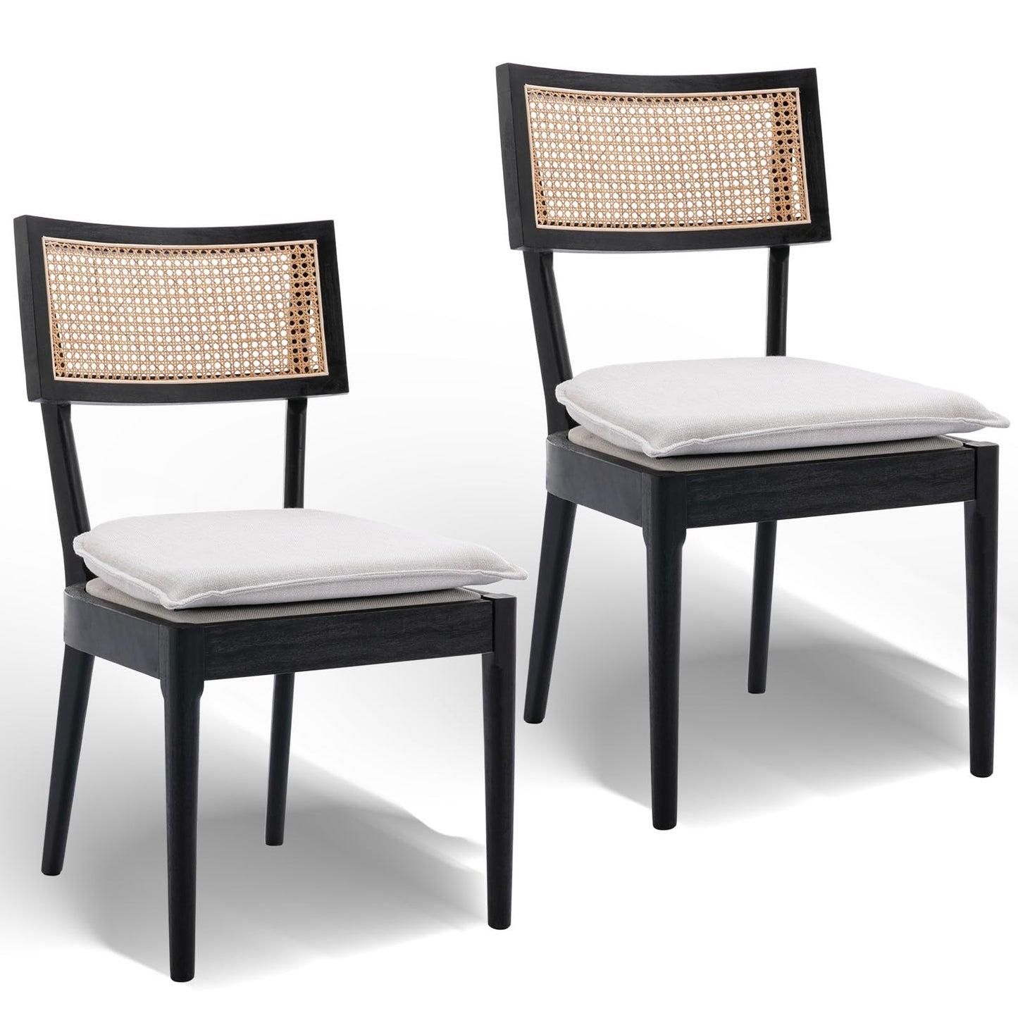 Guyou Black Rattan Dining Chairs Set of 2, Linen Upholstered Farmhouse Dining Chairs with Cane Back, Wood Kitchen Dining Chairs with Removable Cushion, Armless Cane Dining Chair for Dinner Li - WoodArtSupply