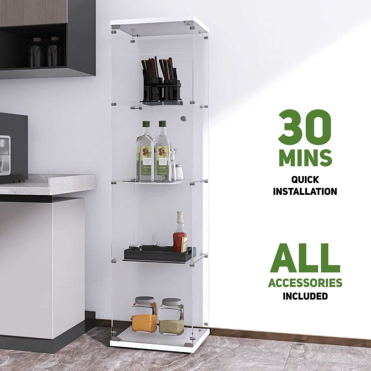 Beauty4U Glass Display Cabinet with 4 Shelves, Curio Cabinets for Living Room, Bedroom, Office, White Floor Standing Glass Bookshelf, Quick Installation Beauty4U