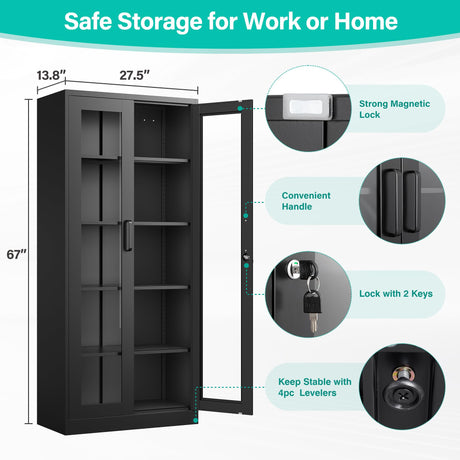 SISESOL Metal Storage Cabinet with Lock and Glass Doors,Glass Display Cabinet,67" Tall Black Storage Cabinets,Locking Curio Cabinets with 5 Shelves for Collectibles,Home,Office,Living Room SISESOL