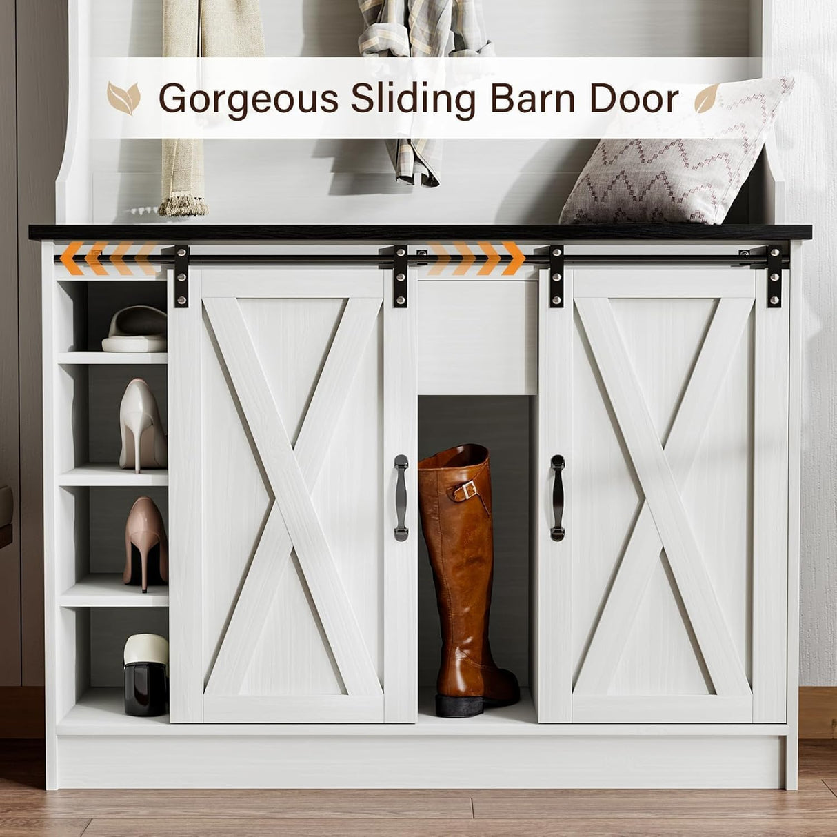 4ever2buy Farmhouse Hall Tree with Bench and Shoe Storage, 5-in-1 Farmhouse Hall Tree with Adjustable Shelf and Barn Doors, Entryway Bench with Coat Rack, White 4ever2buy