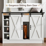 4ever2buy Farmhouse Hall Tree with Bench and Shoe Storage, 5-in-1 Farmhouse Hall Tree with Adjustable Shelf and Barn Doors, Entryway Bench with Coat Rack, White 4ever2buy