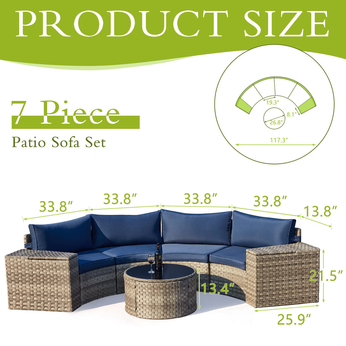 AVAWING Outdoor Sectional Furniture with 2 Storage Side Armrests, 7 Piece Half Moon Patio Set with Tempered Glass Round Coffee Table, All-Weather Gray Wicker, Waterproof Cushions (Blue) AVAWING