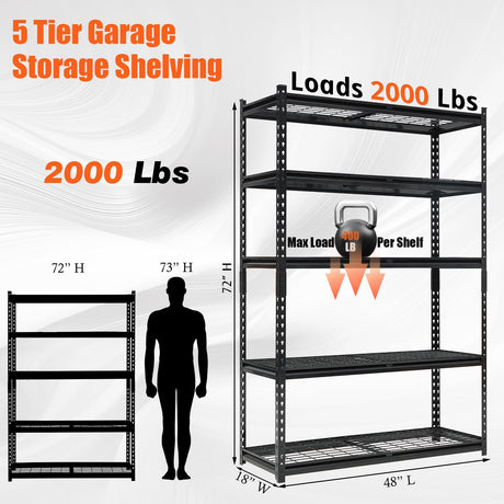 GarveeHome Storage Shelving Unit, 5 Tier Adjustable Shelves, 48''W Garage Storage Shelves Heavy Duty Metal Organizer Wire Rack, Industrial Shelving 48" L x 18" W x 72" H for Kitchen Pantry Basement GarveeHome