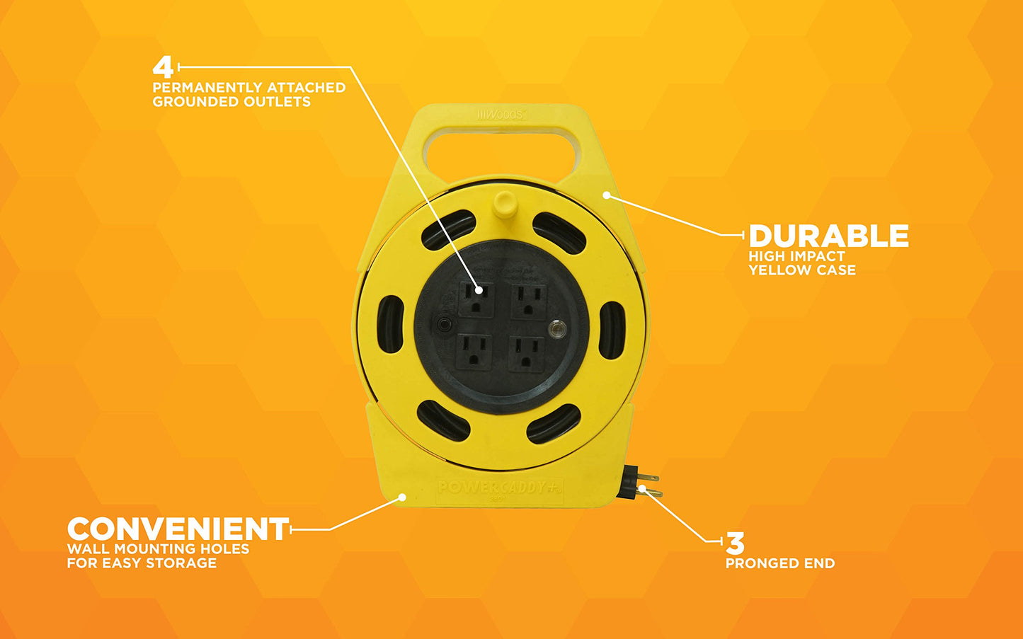 Woods 2801 Extension Reel with Four 3-Prong Power Outlets; Heavy Duty Retractable Cord; User Friendly; Made of Flame Resistant Materials; 10 AMP Circuit Breaker; 25 Foot; Yellow; Orange - WoodArtSupply