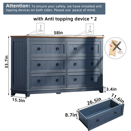 Joaxswe Farmhouse 6 Drawers Dresser for Bedroom, 58 Inch Wide Wood Dresser Chest of Drawers, Vintage Design TV Stand, Rustic Storage Dressers Organizer for Bedroom, Living Room, Hallway - Blue Joaxswe