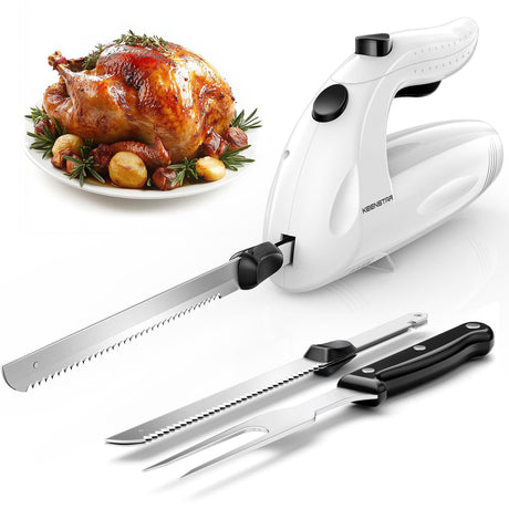 KEENSTAR Electric Knife for Carving Meat, Turkey, Bread, 150W Electric Knife Set with 2 Serrated Stainless Steel Blades & Serving Fork for Slicing Poultry, Ham & More, Ergonomic Handle & Safety Lock KEENSTAR